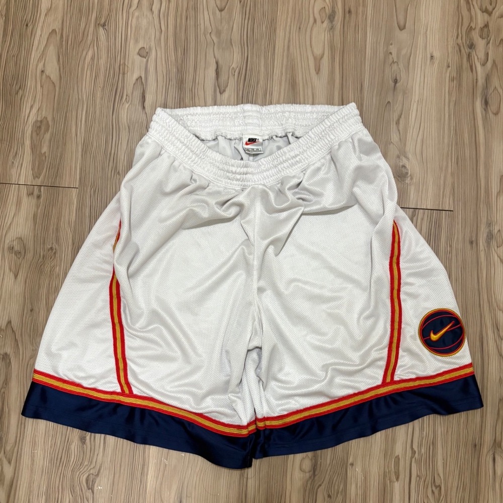 Vintage Nike Basketball Shorts White Mesh Red Yellow Stripe Mens XL Fits 31
